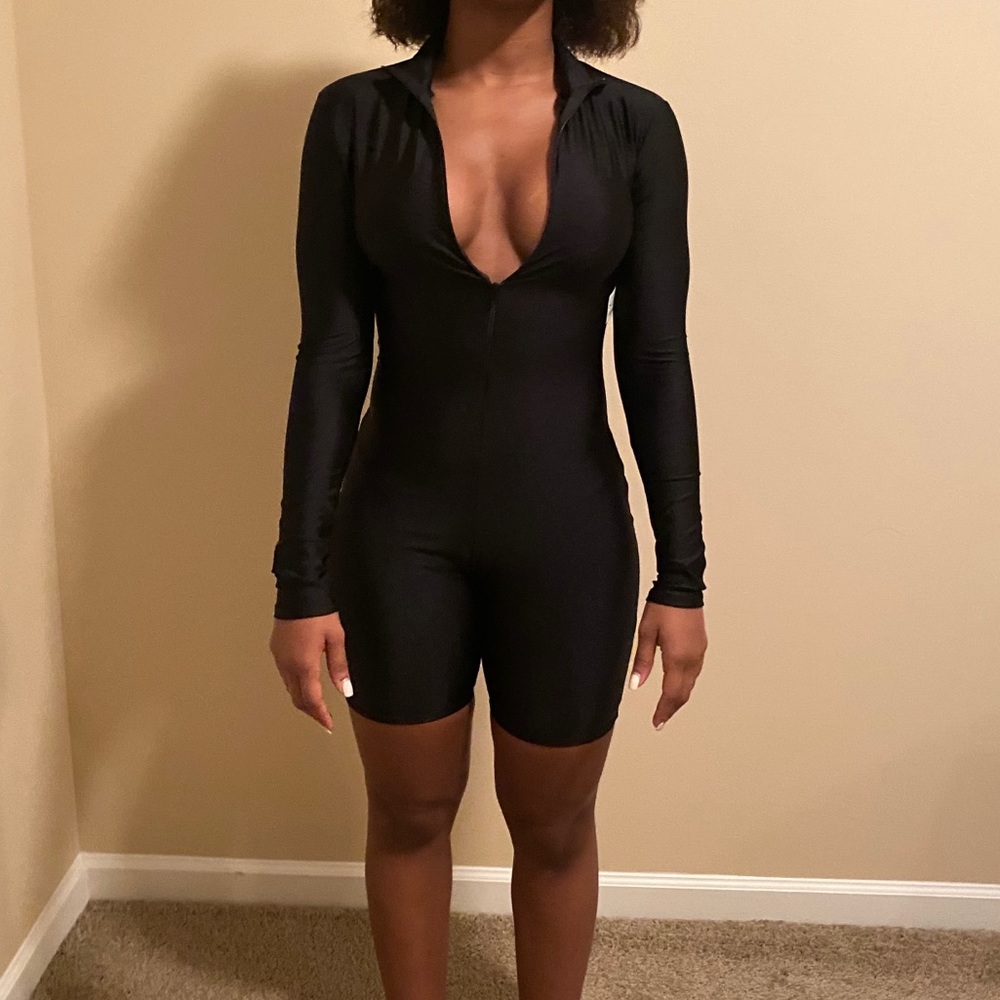 Black zip front romper